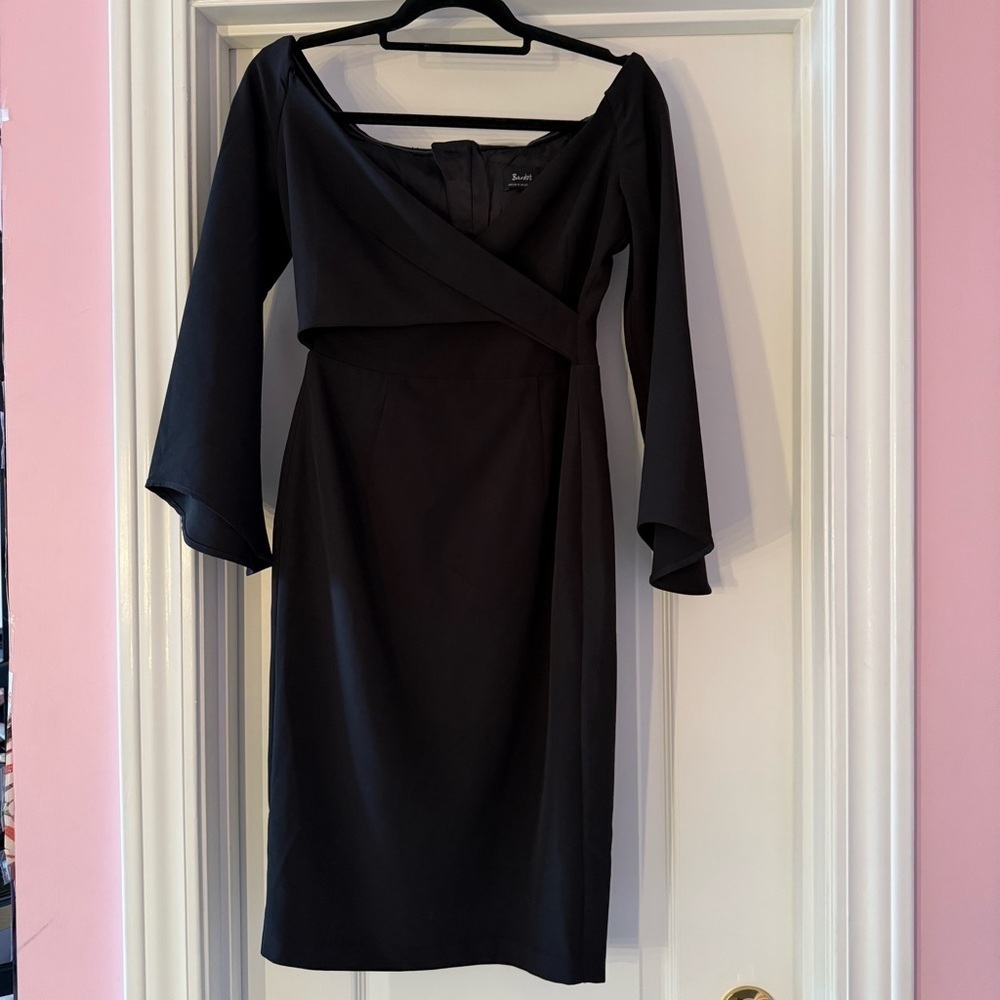 Bardot Black Off the Shoulder Dress with Bell Sleeves Midi Length